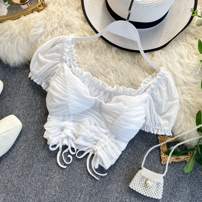 Женская хлопковая блузка с коротким рукавом Однотонная рубашка регулируемыми