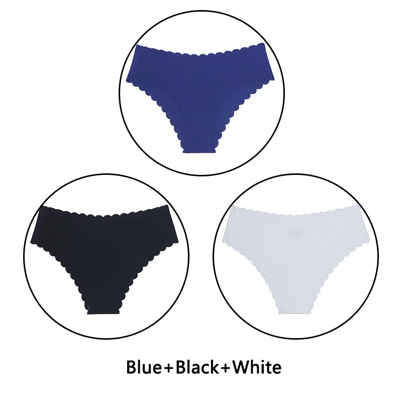 Blue Black White 3 шт./партия, сексуальные трусики с оборками женский сексуальный бесшовный трусики с низкой посадкой, однотонное мягкое нижнее белье, женские Ультра тонкие трусики, нижнее белье - Цвет: Blue Black White