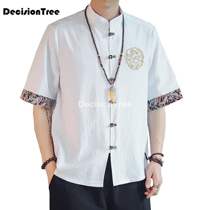 

2021 men's shirts half sleeve shirts for men cotton stand collar shirts traditional chinese tang suit top clothes linen shirt