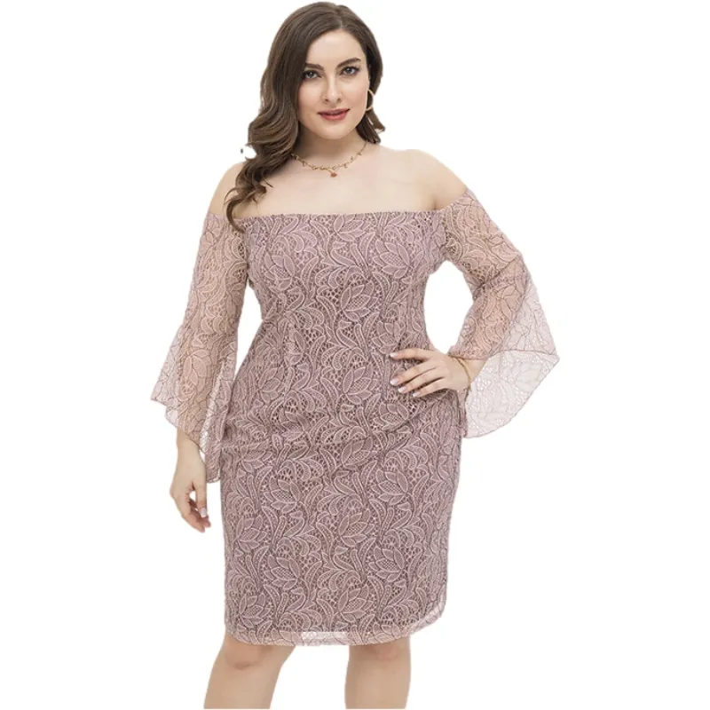 

New 2021 Summer Plus Size Party Dress For Women Large Long Sleeve Slim Casual Lace Pink Strapless Elegant Dress XL 2XL 3XL 4XL
