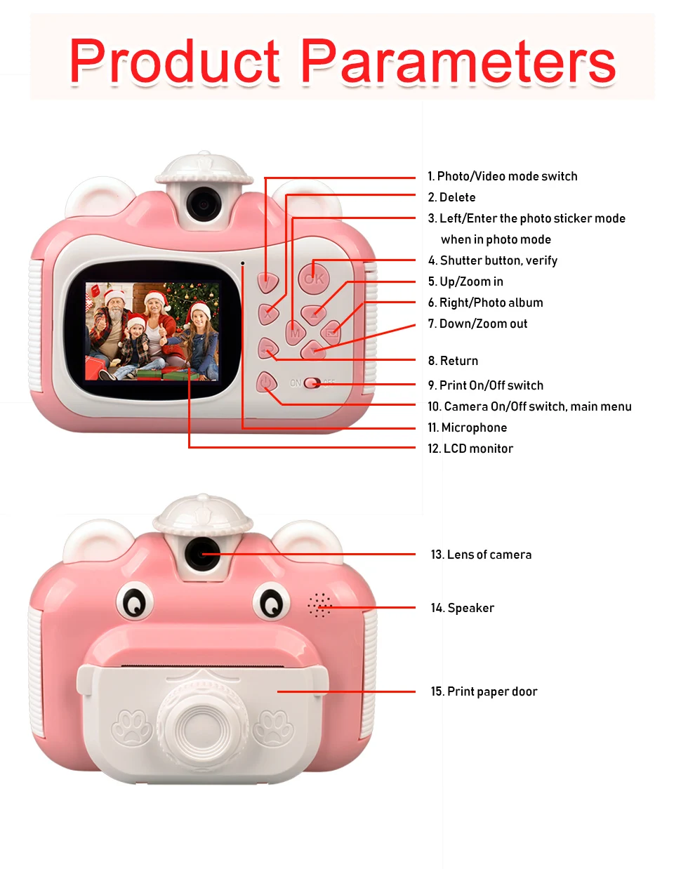 

Print Camera HD 1080P 12MP Children Polaroid With Thermal Photo Paper Toys Camera For Birthday Gifts Pink Blue