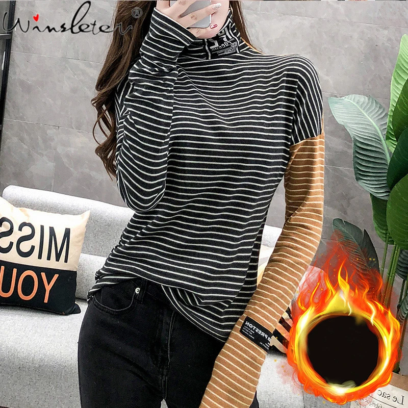 

Fall Winter European Clothes Striped T-Shirt Sexy Turtleneck Harajuku Spliced Color Women Tops With Fleece Tees New 2021 T16722A