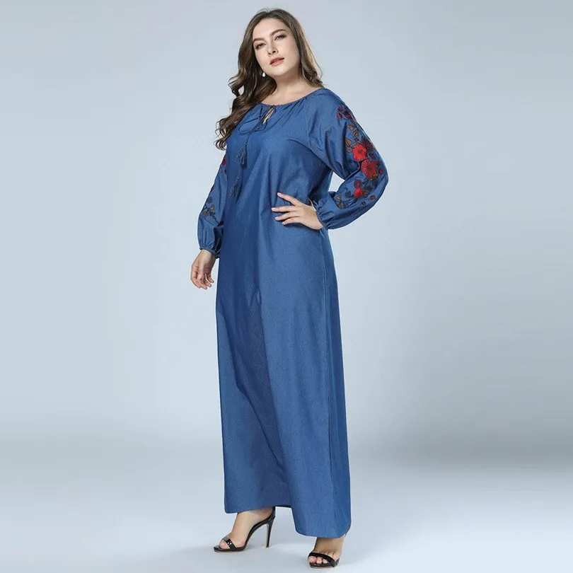 Плюс Размеры осень вышивка Абая для мусульман Джинсовое платье одежда из Дубая с