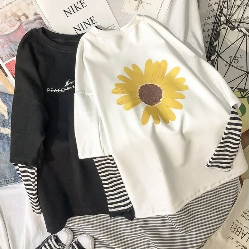 

Flower letter Printing Tshirt fake two-piece Long Sleeved tees patchwork striped Tees Shirts Loose Tops Pullover for women 2020