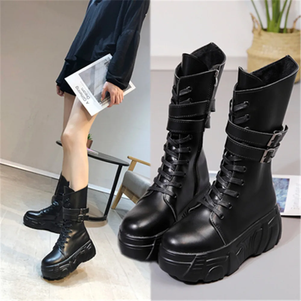 

Autumn Winter Black Leather Chunky Platform Boots Women Fashion Cross Strap Wedges Shoes Woman Buckle Waterproof Mid Calf Boots