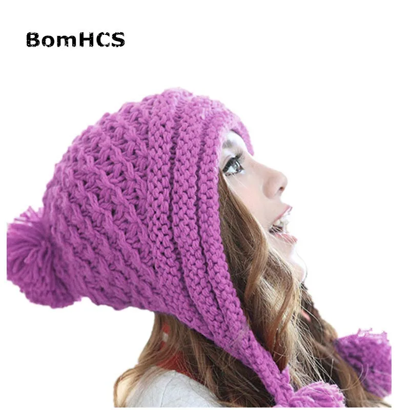 BomHCS, корейский стиль, модная женская зимняя теплая шапка, ручная работа, вязаная шапка с цветком - Цвет: Лаванда