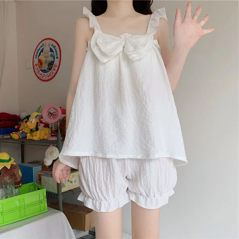 2021 Summer New Bow Sweet Lovely Women's Sling Pajamas Sets Ruffle Knickerbockers Home Suit Lady Sleepwear Female Nightwear