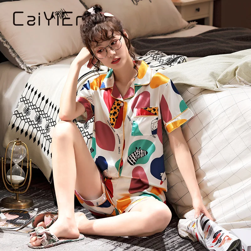 Летний пижамный комплект CAIYIER с мультяшным принтом милая шелковая ночная рубашка