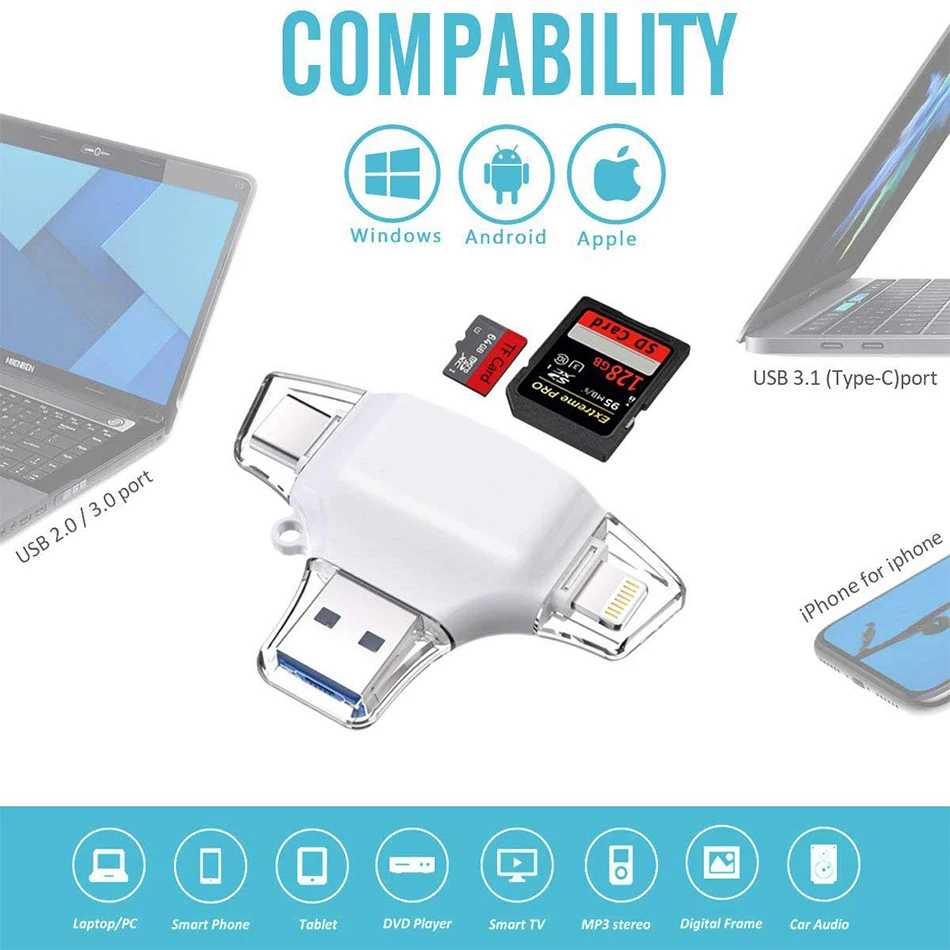 Supersonic 4 в 1 Micro SD кард-ридер для iPhone iPad/Android/Macbook tf карта адаптер с Micro usb type C игровая камера просмотра