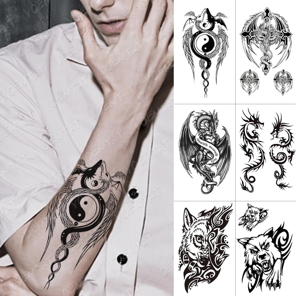 

Waterproof Temporary Tattoo Stickers Dragon Wings Wolf Cross Flame Totem Flash Tattoos Women Men Arm Thigh Body Art Fake Tattoos