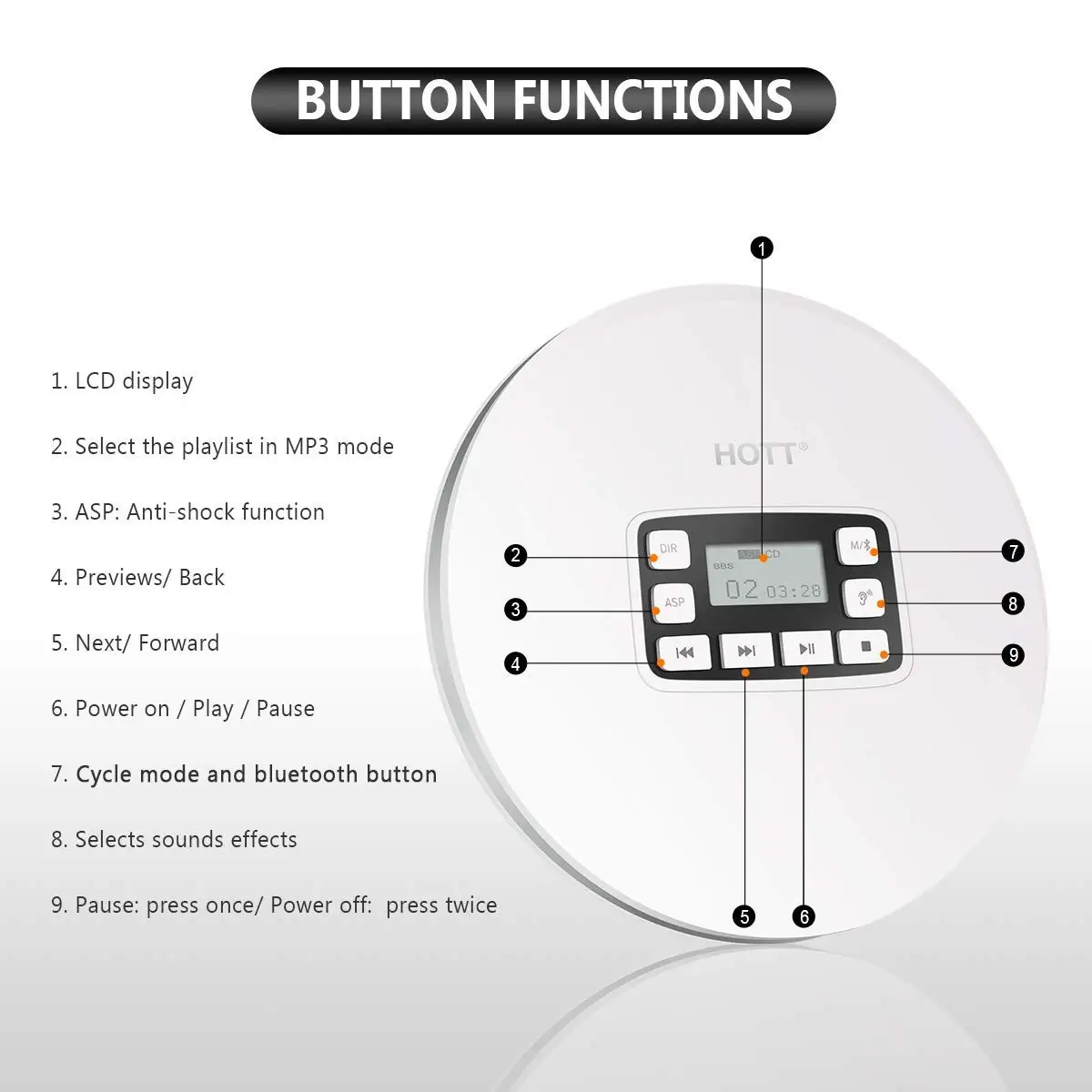 Портативный Bluetooth cd плеер HOTT CD611T ЖК дисплей ударопрочный CD музыкальный