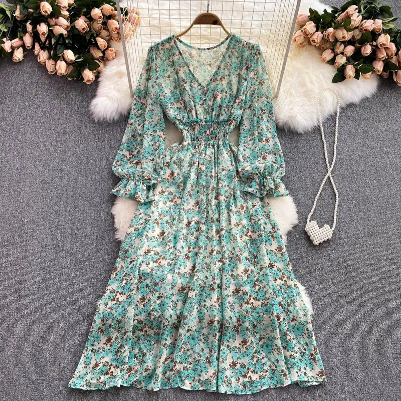 

New Women Chiffon Floral Long Dress V-neck Long Sleeve Elastic Waist Print Retro Midi A-line Dress Elegant Chic Bohemian Dresses