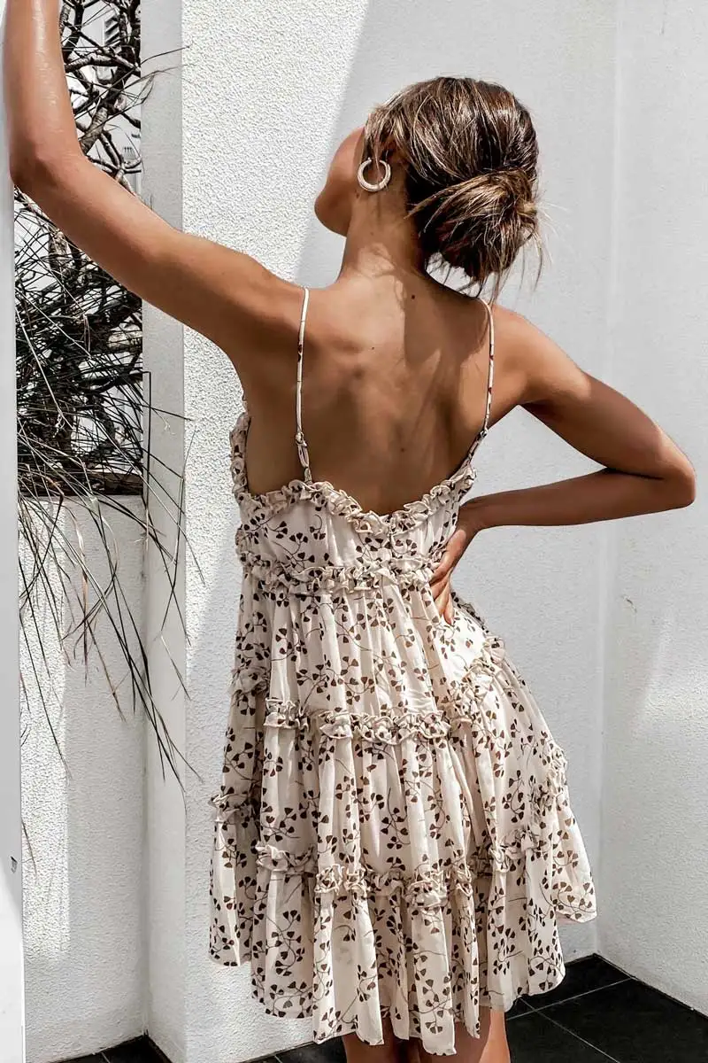 

V-Neck Sling Dress Women Summer Floral Print Ruffle Sexy Backless Mini Dresses Ladies Beach Party Holiday Female Dress Sexy