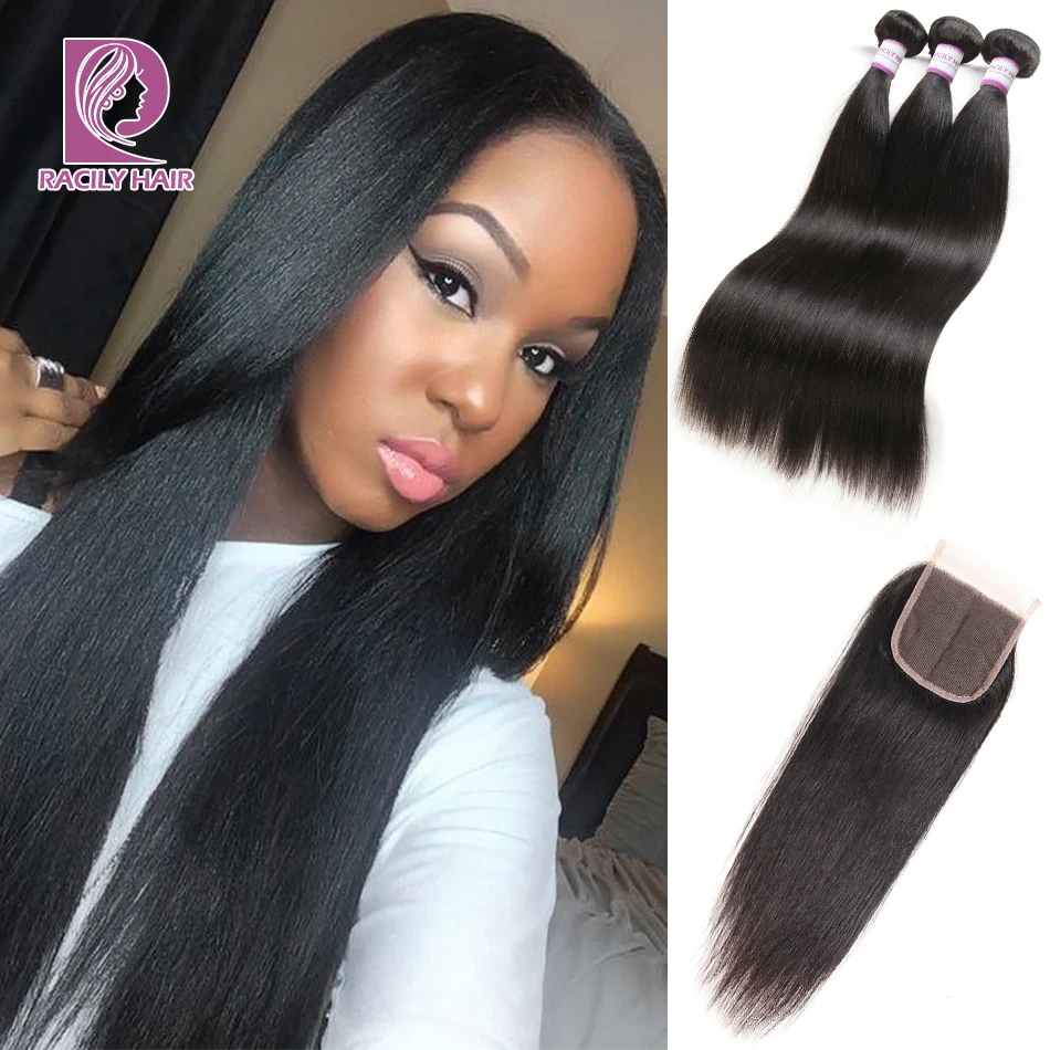 Бразильские прямые волосы Racily пучки с застежкой 3/4 пряди ков на шнуровке