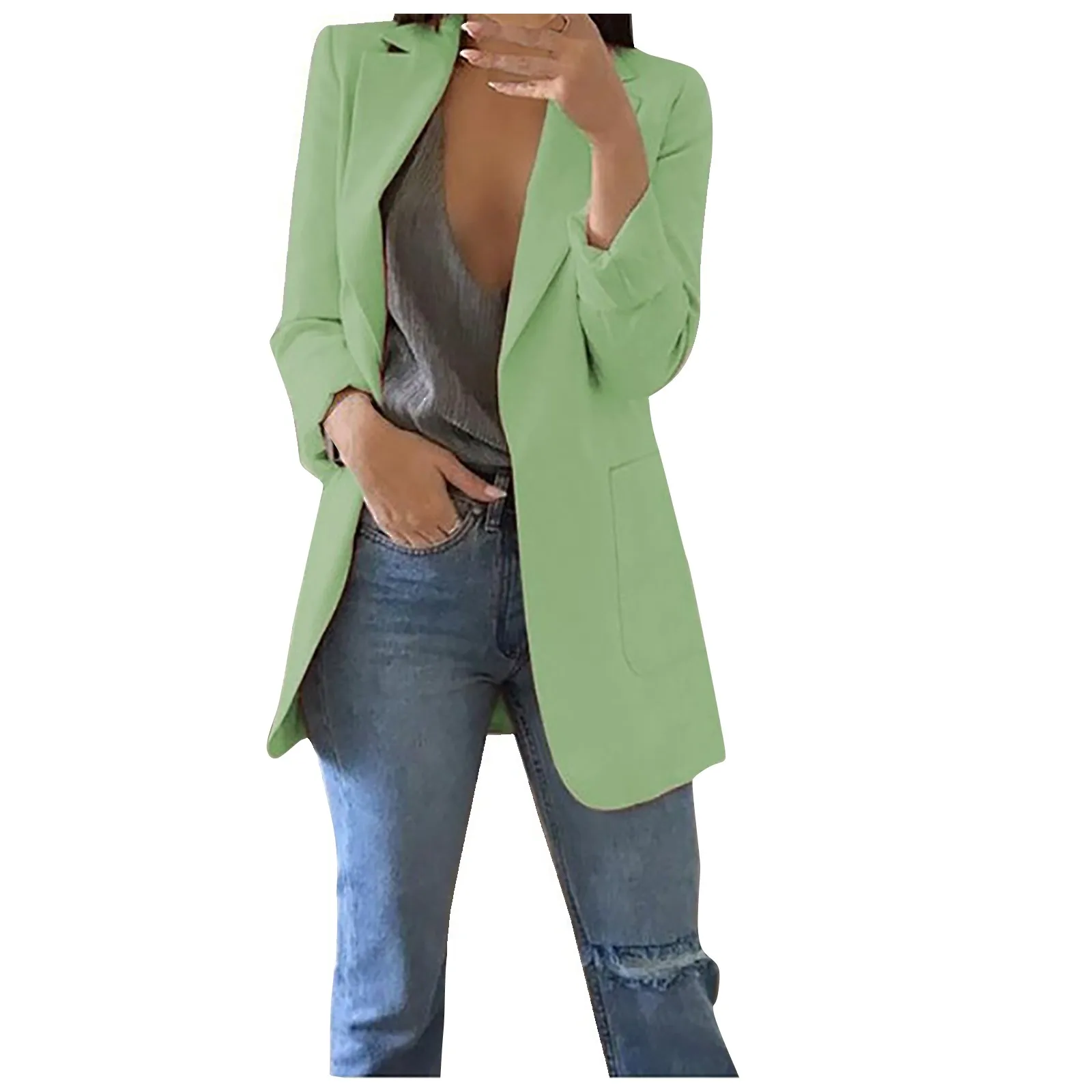 

Women Coat and Jack 2021 Autumn Winter Solid Color Open Front Pockets Cardigan Formal Suit Long Sleeve Blouse Coat Tops Clothing