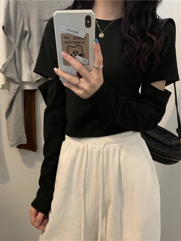 

2021 Spring New Fashion Slim Solid O Neck Full All Match Top Woman Tshirts