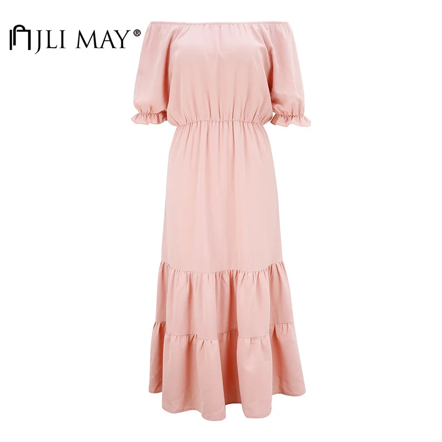 

JLI MAY Women Dress Solid Slash Neck Short Puff Sleeve Patchwork Ruffles Empire A-Line Mid-Calf Dresses