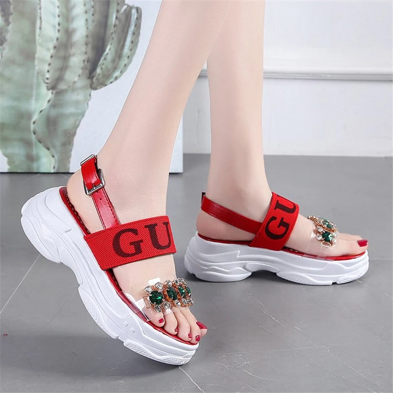 

New Summer Sandals Fashion Crystal Flat Heels Shoes Back Square Buckles Ladies Open Toe Platform Rhinestoe Beach Footwear