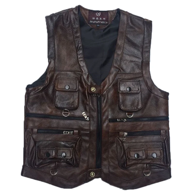 2019 жилет кожаный для мужчин из натуральной кожи мотоциклетный с множеством