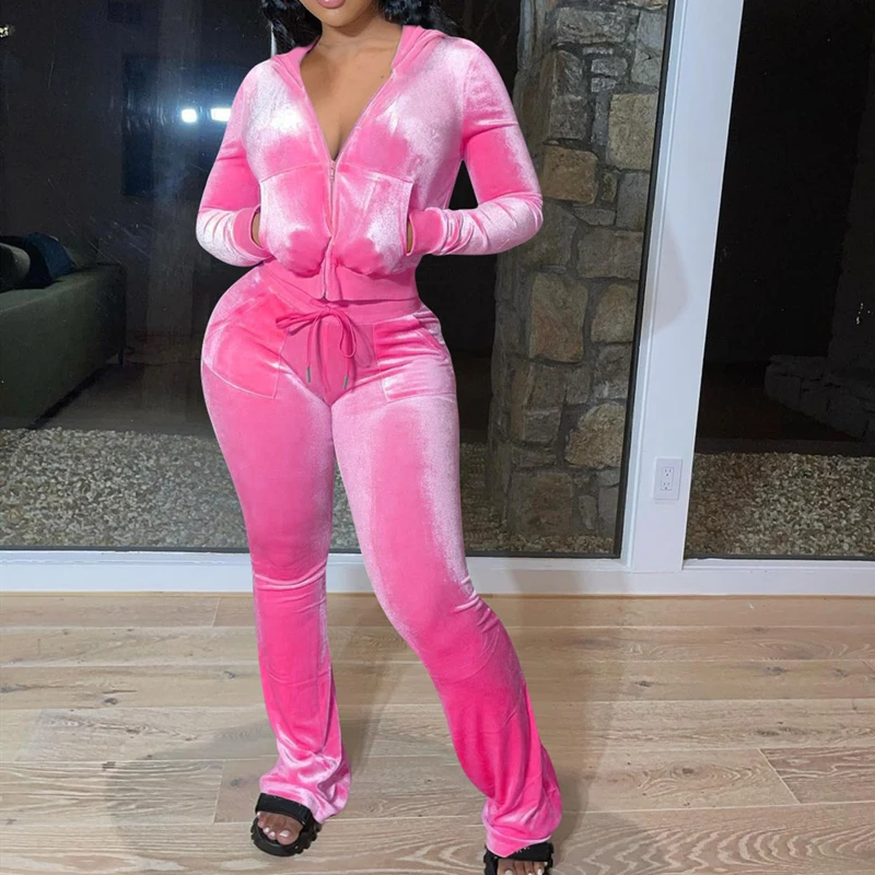 Женский винтажный Бархатный спортивный костюм повседневный однотонный из двух