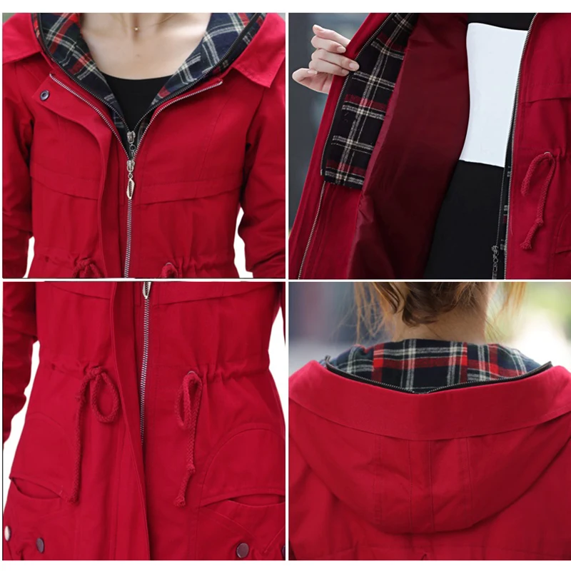 

Women Jackets Autumn New Women's Windbreaker Korean Fashion Waist Large Size Long Windbreaker Coat Female Hooded Jacket