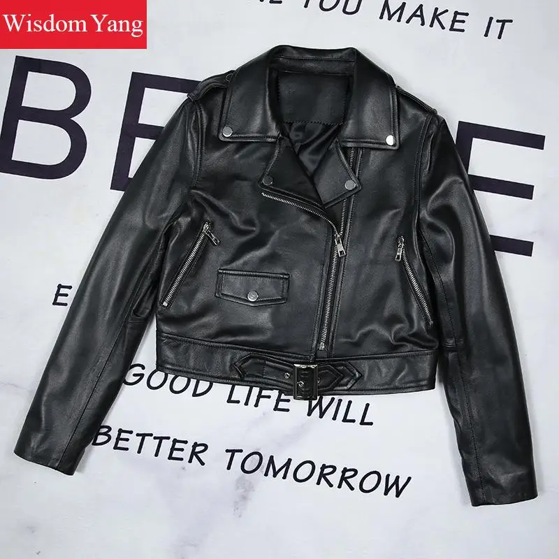 Genuine Sheepskin Leather Short Jackets Coat Womens Autumn Black Red Khaki Biker Coat Moto Ladies Streetwear Outerwear Overcoat