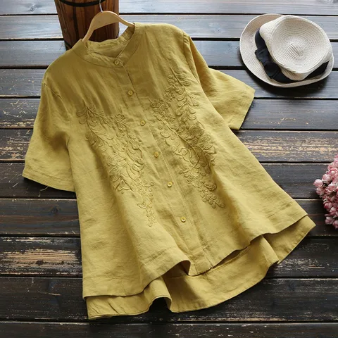 Женская Свободная блузка из хлопка и льна, льняная блузка А-силуэта с вышивкой и коротким рукавом, с воротником-стойкой, лето 2022