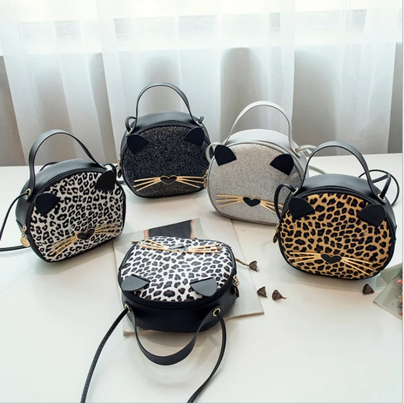 

2021 New Ladies Leopard Sequins Fashion Diagonal Bag Ladies Cute Cat Shape Small Round Bag Small Backpack