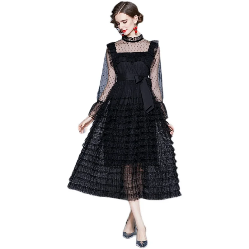 

COIGARSAM Vintage Women dress New Flare Sleeve Stand Neck Mesh Dresses Black 722