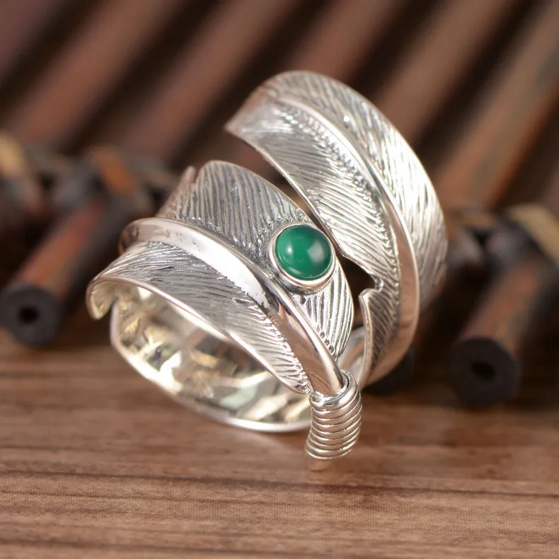 S925 pure silver feather ring green stone Mosaic rotating men and women with adjustable | Украшения и аксессуары