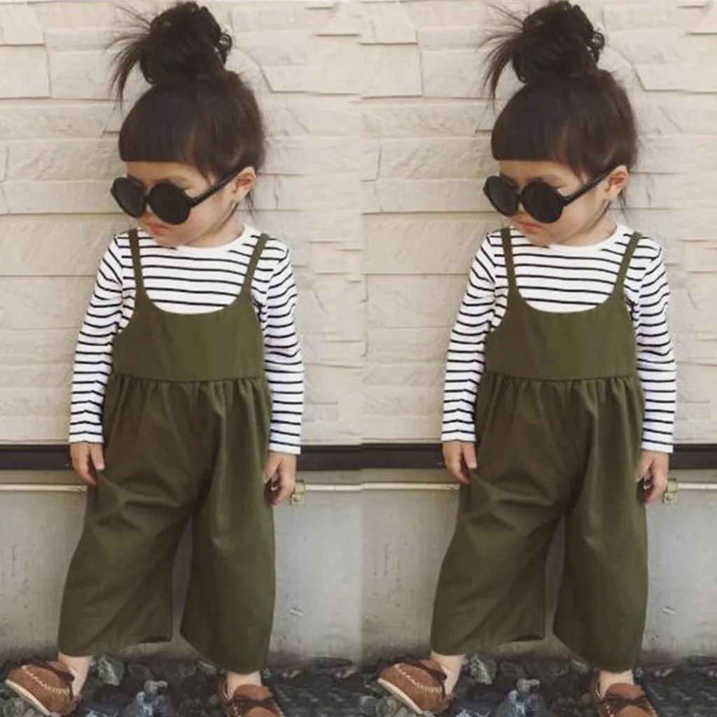 

Toddler Newborn Infant Baby Girls Boys Long Sleeve Striped Print Tops+Solid Suspender Pants overalls Outfits L1202