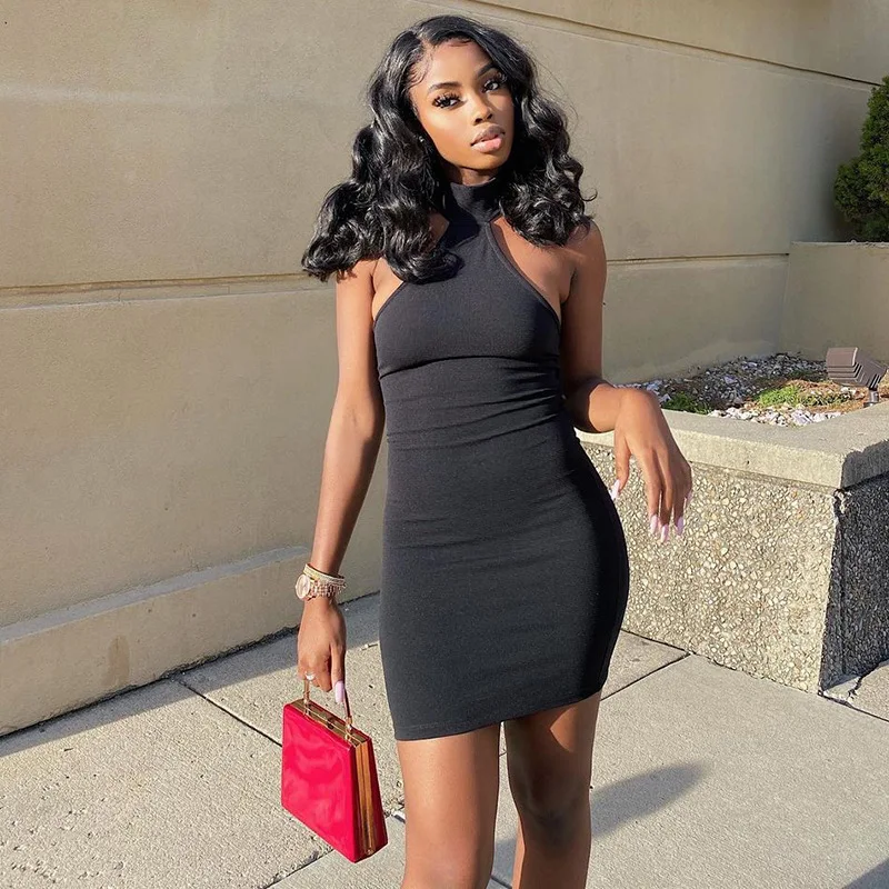 

Women Sexy Elegant Halter Hollow Out Sleeveless Backless Skinny Mini Dress Office Lady Sheath Dress Party Club Wear High Street