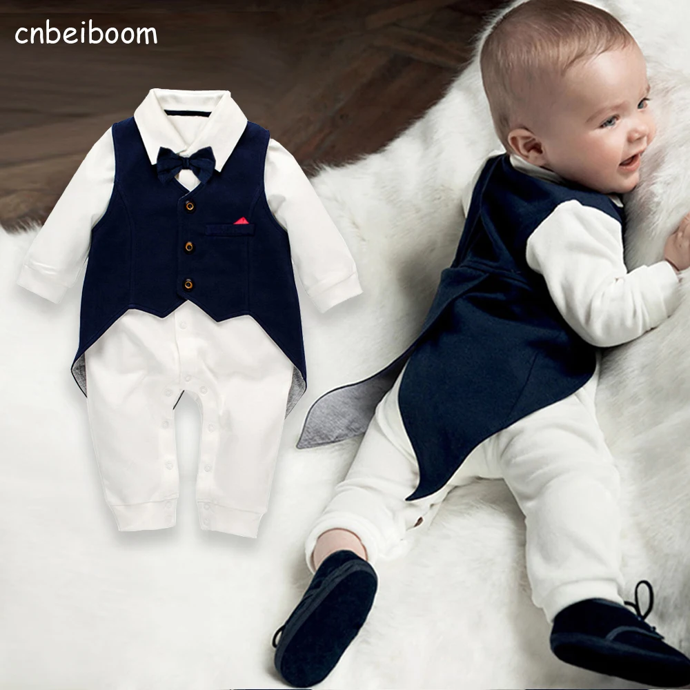 Baby Boy Romper Sets Fashion Newborn Suit Cotton White Jumpsuit + Tuxedo vest For Kids Boy Feast Wedding Birthday clothes 1-2 Y