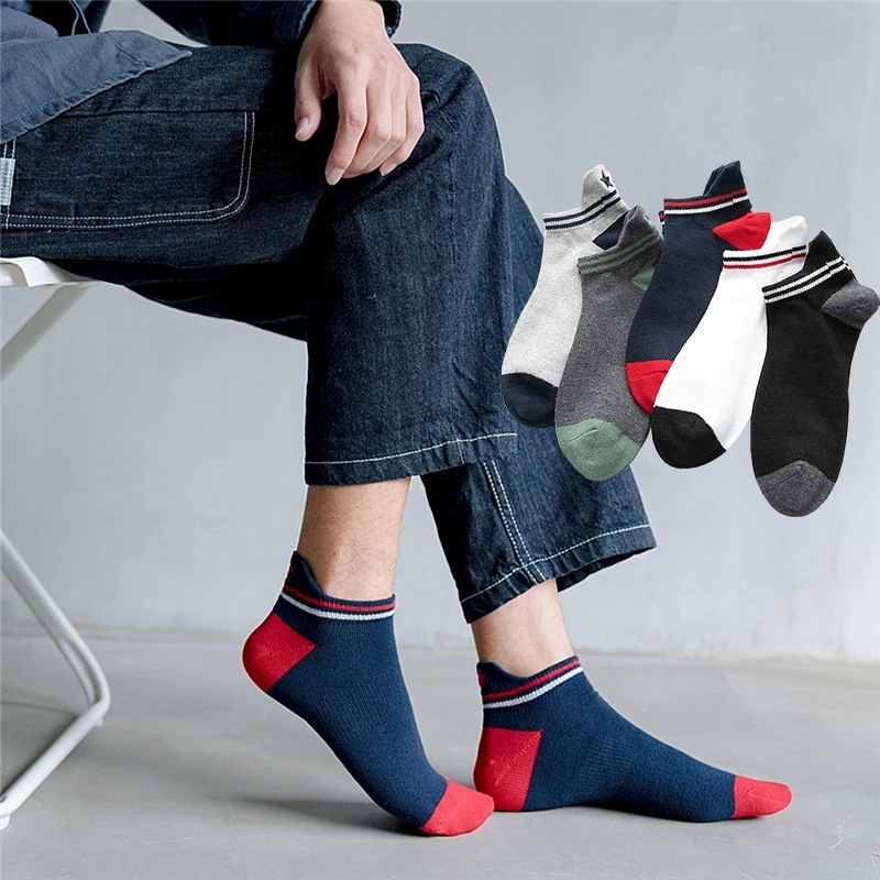 Stitching Color Five Pointed Star Heel Protector Ankle Socks Men Cotton Students Boy Casual Low Cut Non Slip Loafer | Мужская одежда