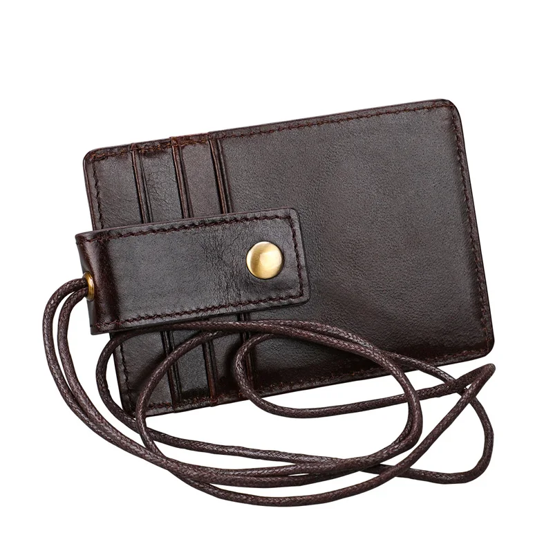 Genuine Leather ID Card Holder with Lanyard RFID Blocking Card Cover for Chest Card Hangtag Work Pass Student Bank Cards Pouch