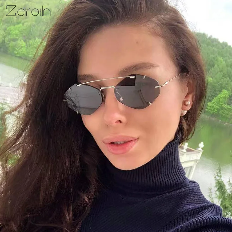 

Fashion Polygonal Sunglasses Women Rimless Glasses Retro Sunglass Men Luxury Designer Eyewear UV400 Sun Glass Dark Green Shades