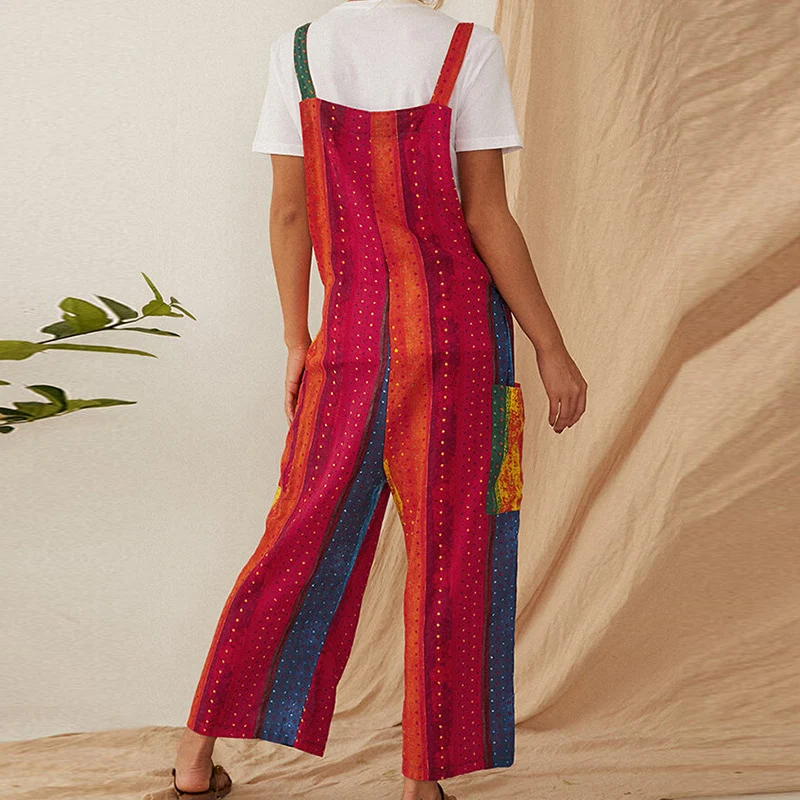 

Women Pocket Loose Trousers Cotton Jumpsuit Summer Stripe Print Elegant Playsuits and Jumpsuits Casual Strappy Backless Bodysuit