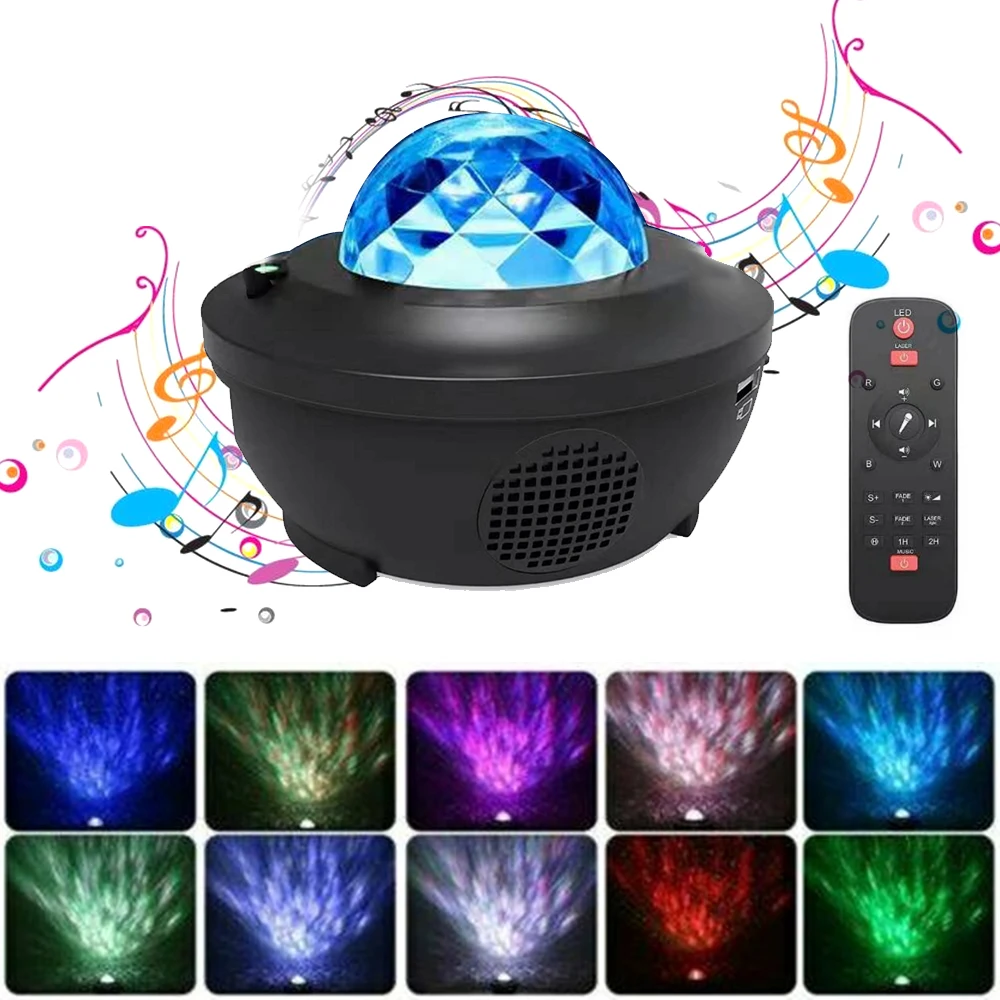 

Sound-Activated LED Starry Sky Water Wave Projector Lamp USB Bluetooth Music Player Remote Timer Night Light Room Romantic decor