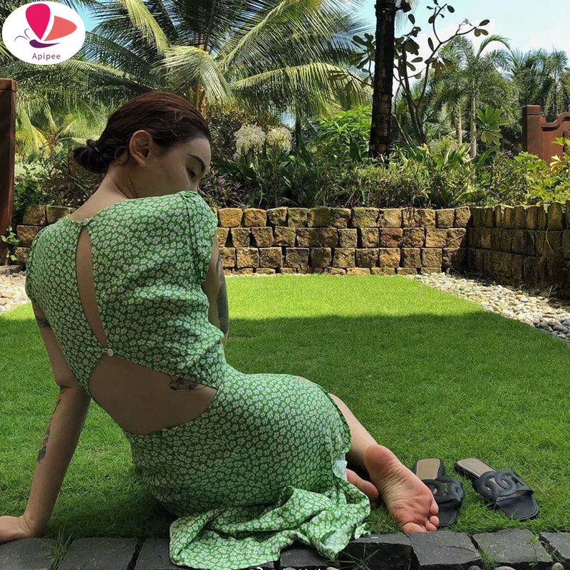 

Women Print Sexy Beach Backless Dress 2020 Summer Split Floral Boho Dress Casual Holiday Lady Crew Neck Midi Dress