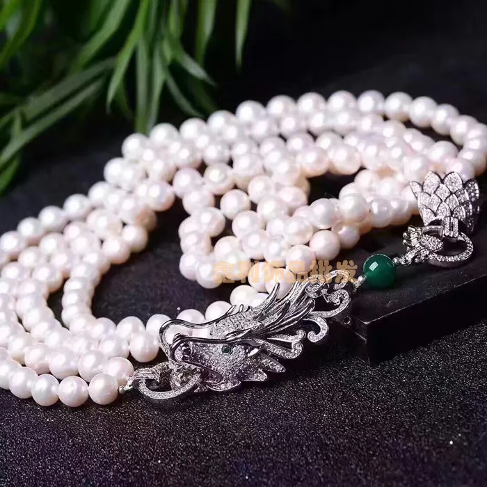 

natural white freshwater pearl 7-8mm luxury 2row necklace inlay zircon atmospheric faucet buckle fine jewelry 17-19inch