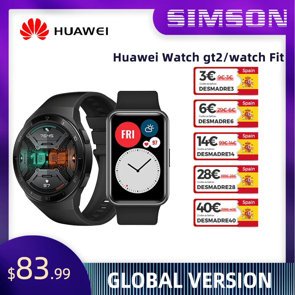 HUAWEI Watch gt2/watch fit Global Version Smart Watch 1.39'' AMOLED Screen 14 Days Life 5ATM Waterproof Heart Rate Tracker
