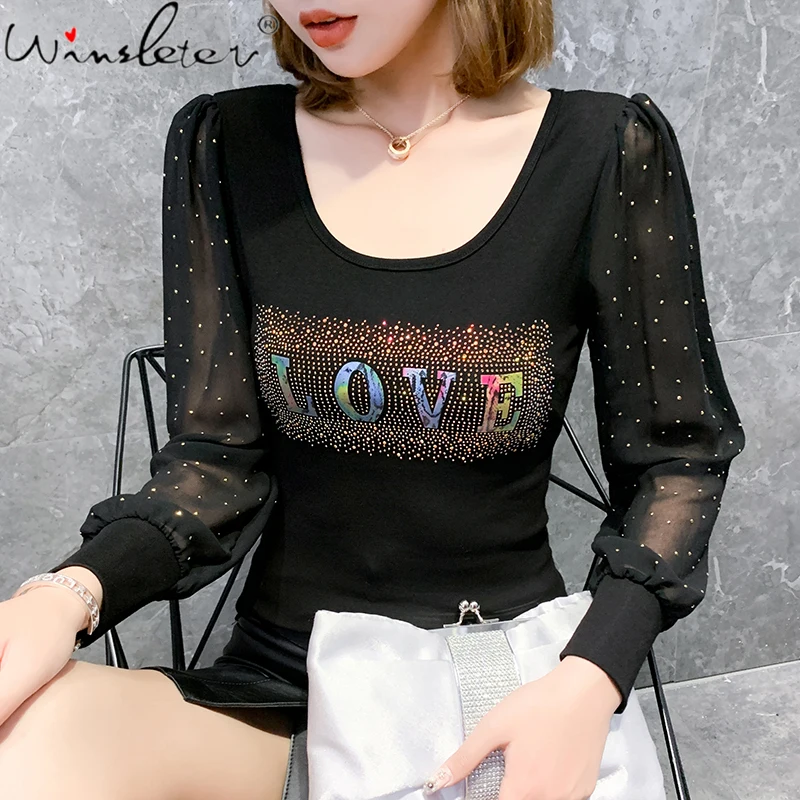 

Fall Winter European Style Cotton T-Shirt Fashion Sexy O-Neck Shiny Diamonds Letter Patchwork Tees Women Tops 2021 New T19131A