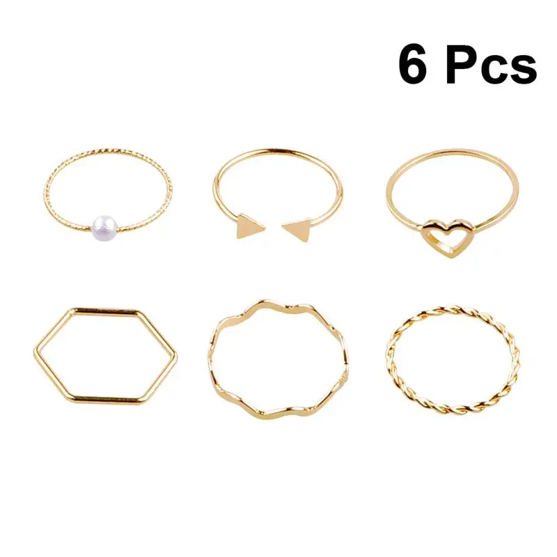 6 шт. Золотое кольцо в форме сердца с жемчугом и геометрическим орнаментом