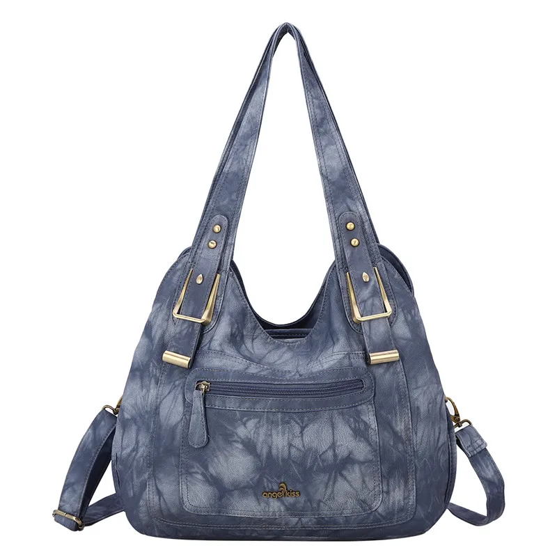 

Angel Kiss 2021 New Arrival Vintage Style Women Washed PU Leather Handbag Roomy Lady Purse with Unique Dark Tie-Dyed Print