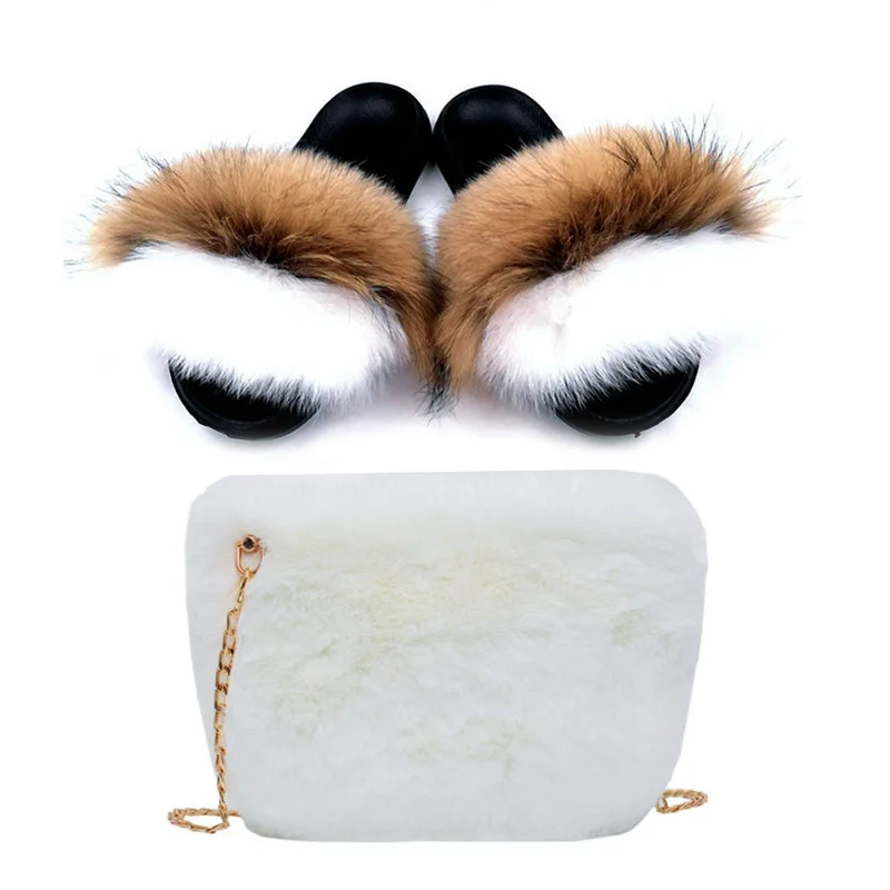 

Women Slippers Summer Fox Fur Slippers Ladies Fluffy Fox Fur Slippers Women Fashion Plush Solid Color Chain Bag Drop Shipping