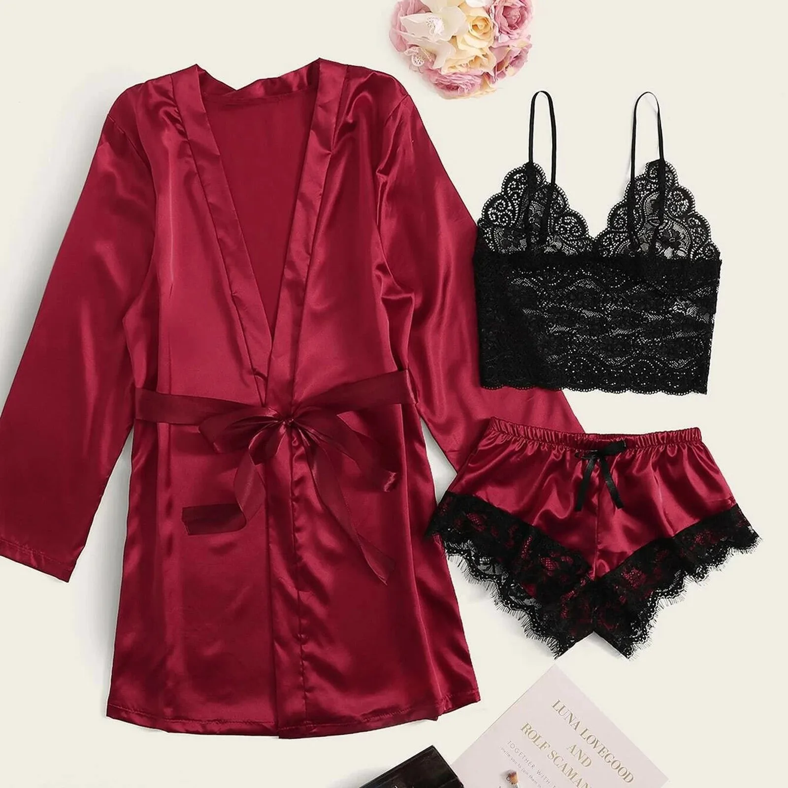 

New 3 Pieces Women Pajamas Sets Faux Silk Pajamas Sleepwear Sets Elegant Sexy Lace Fashion Casual Home Clothes Nightwear Sexy