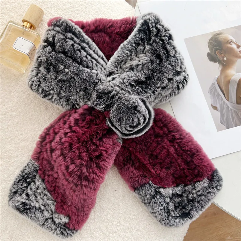 Настоящий мех кролика шарф женский зимний теплый пушистый воротник вязаные