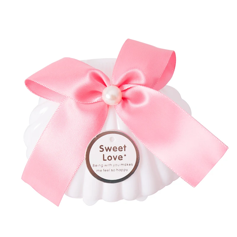 

20Pcs/lot Plastic White Shell Candy Box Chocolate Boxes Wedding Gift Box With Bowknot Baby Shower Party Birthday Decor Supplie