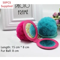50pcs cute puff fur ball mirror keychain pu leather keychain car bag keyring for women jewelry for wallets accessories gift