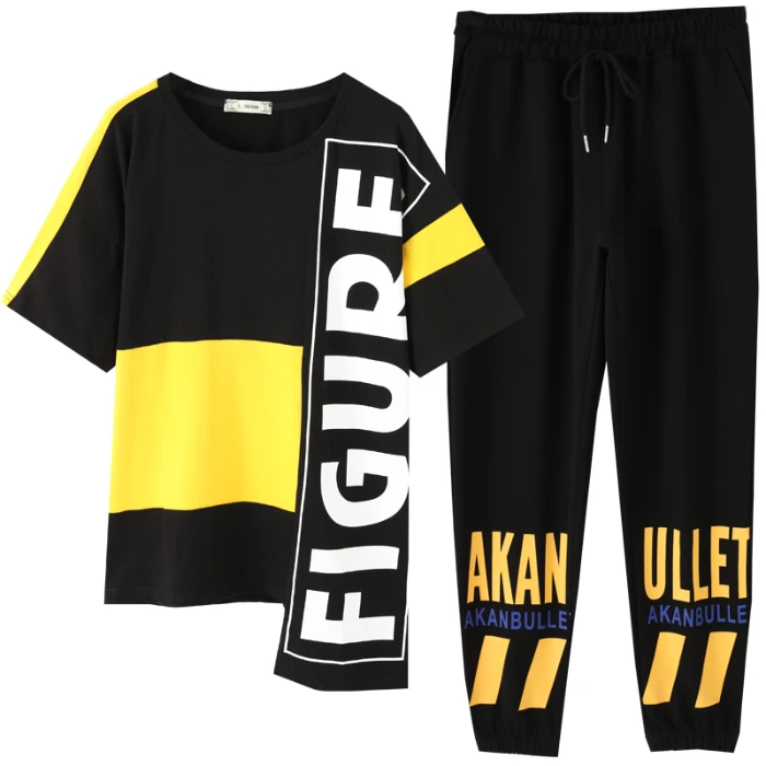 

2020 explosion sports suit female fashion Korean version of short-sleeved irregular T-shirt two-piece summer